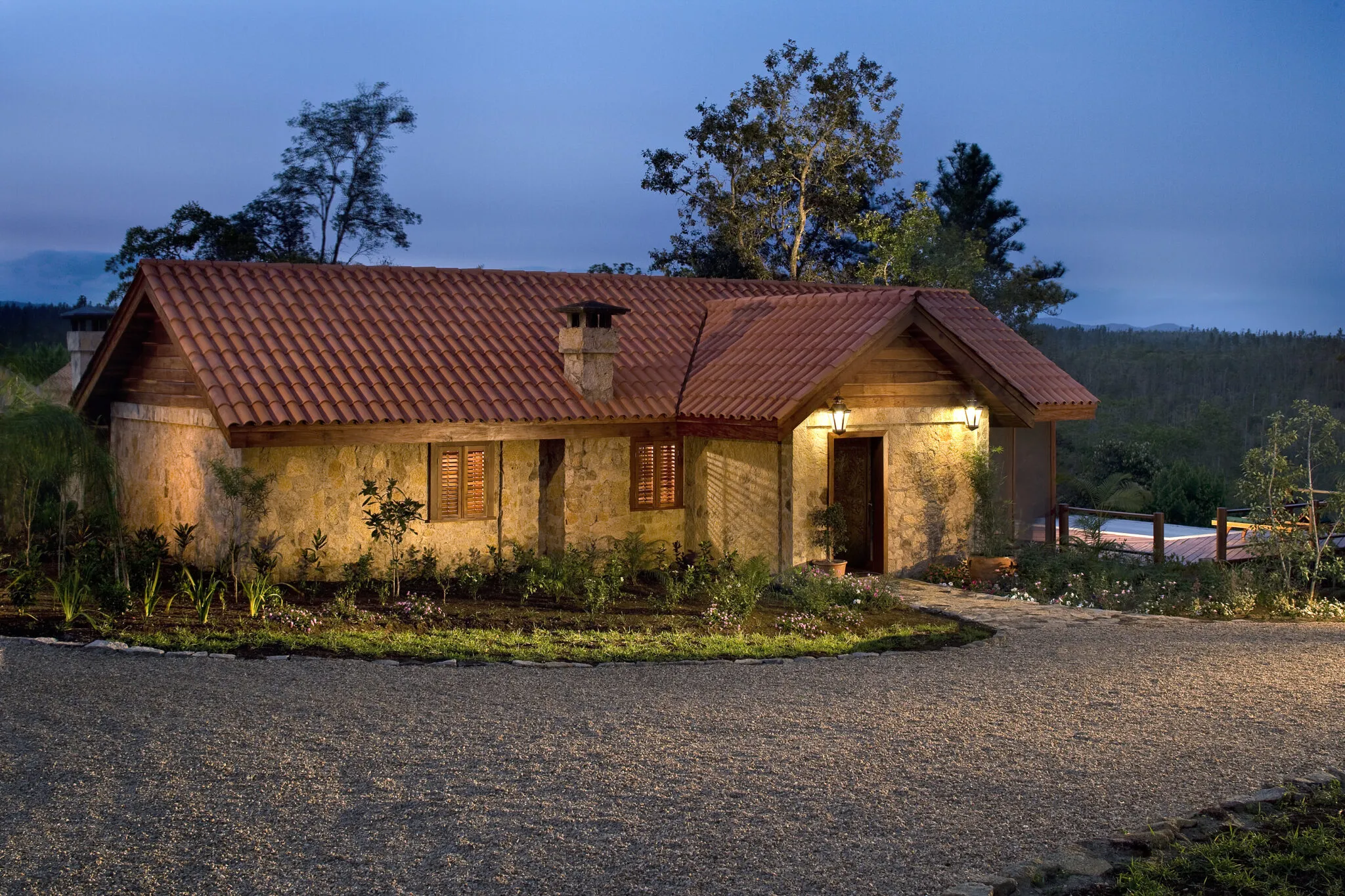 Cottage exterior at dusk