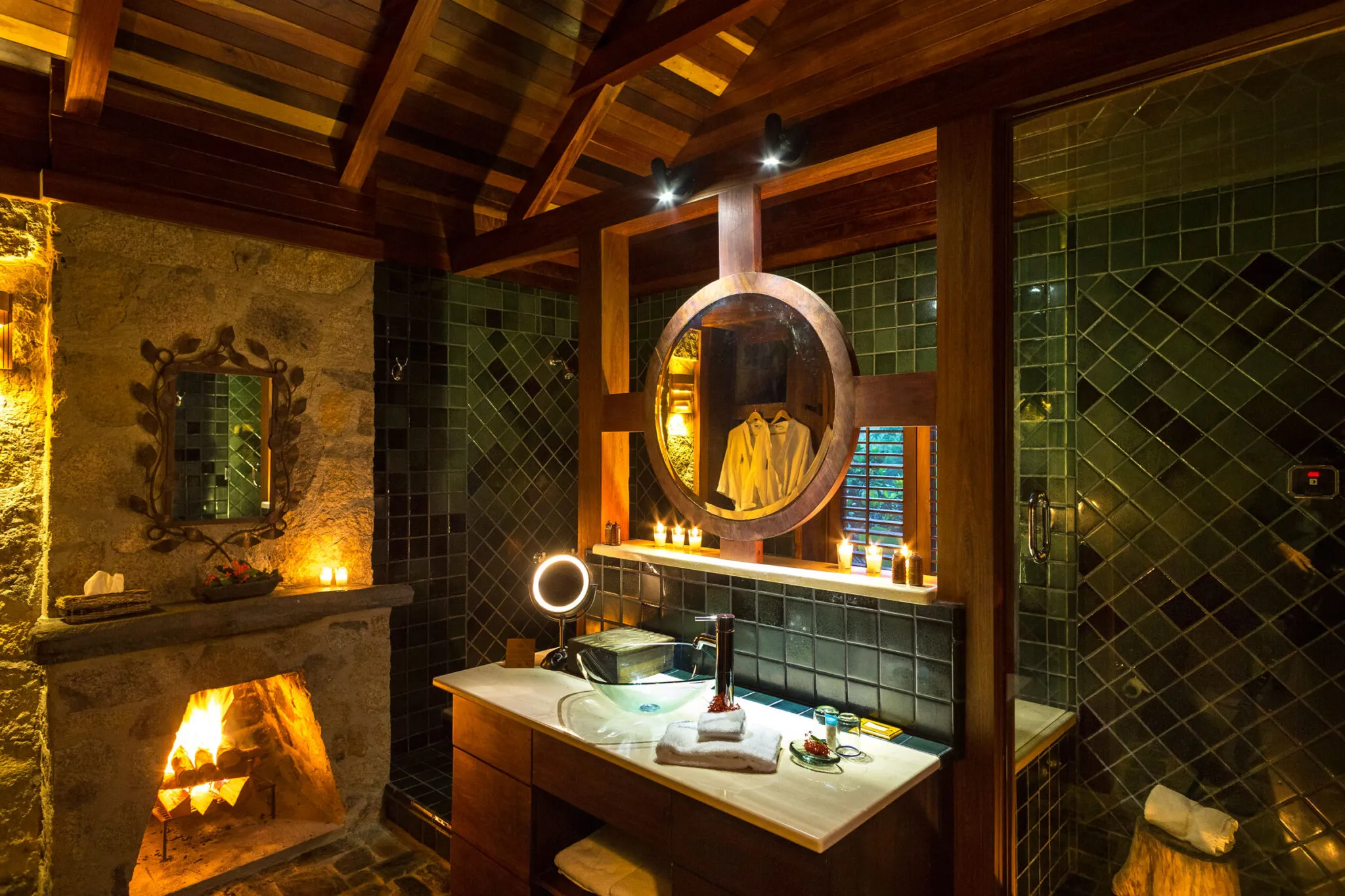 Bathroom vanity and fireplace