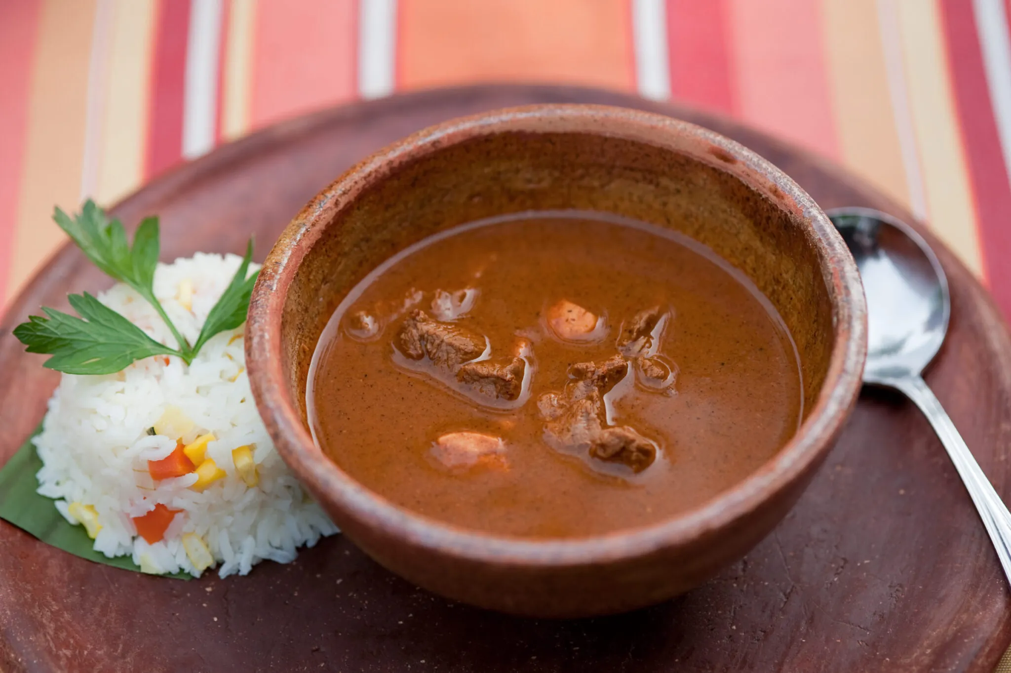 Bowl of soup on a striped tablecloth