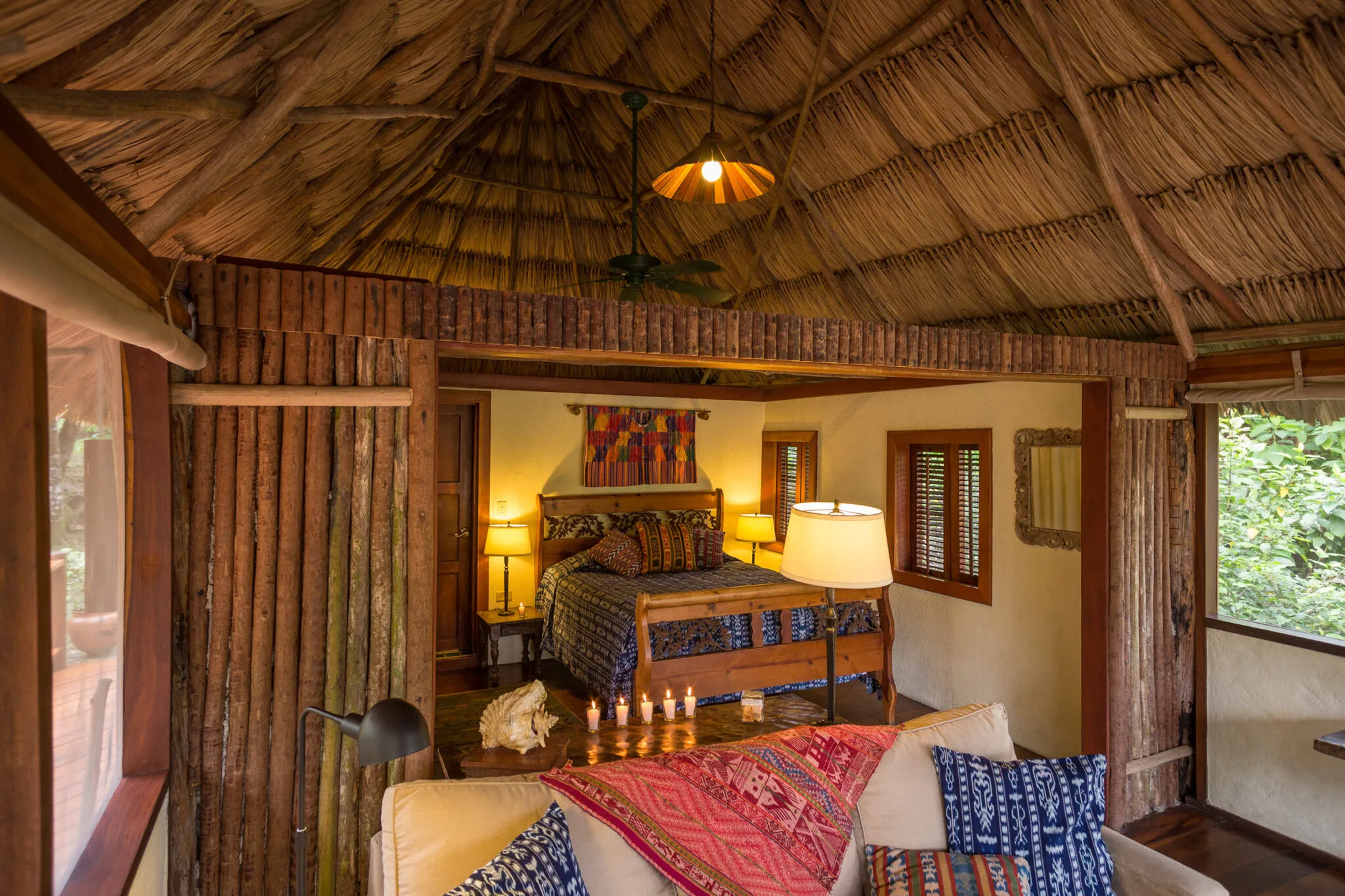 Riverfront cabana interior, showing the bedroom and the living area