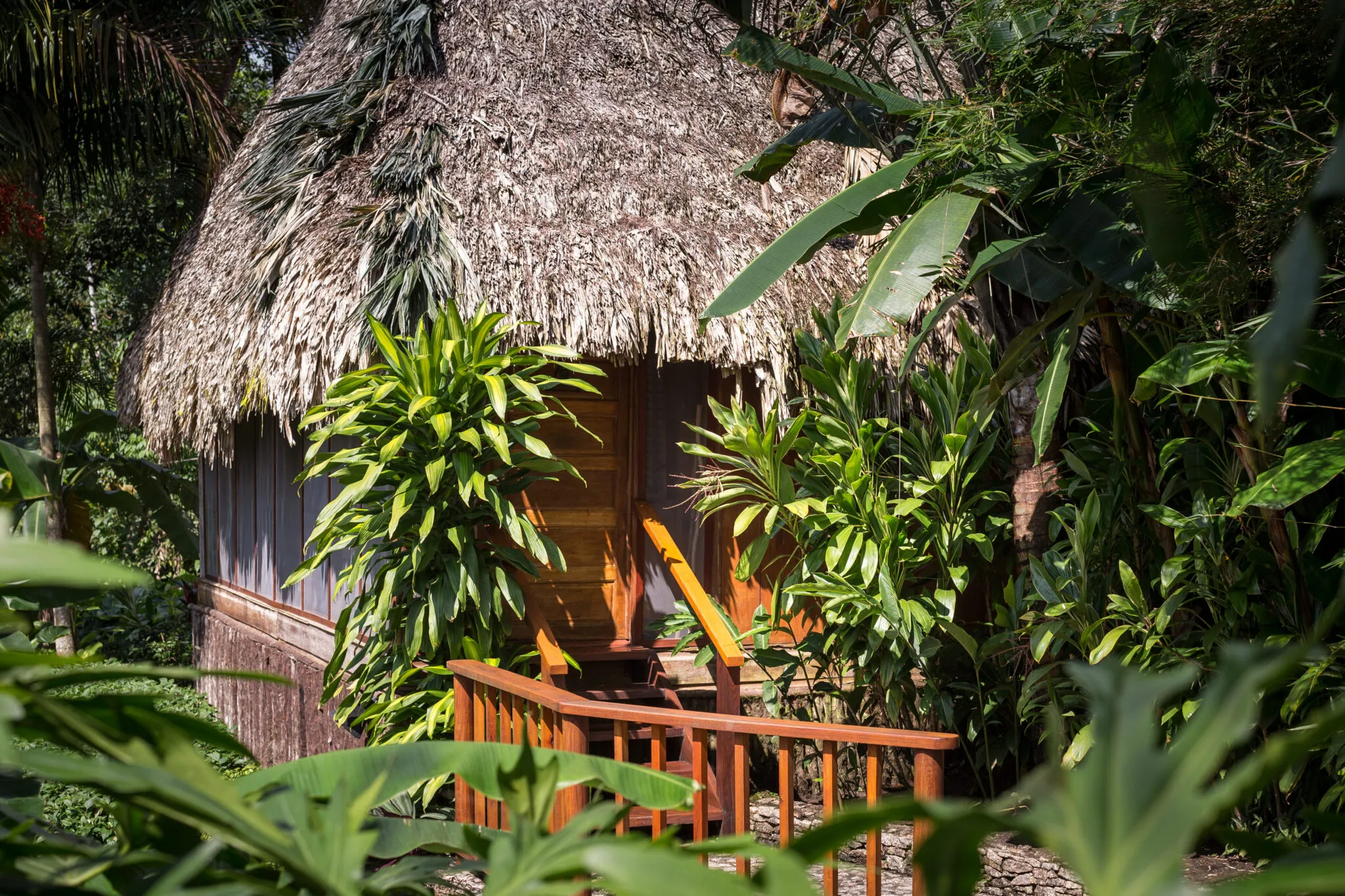 A walkway leading to a cabana with a thatched roof