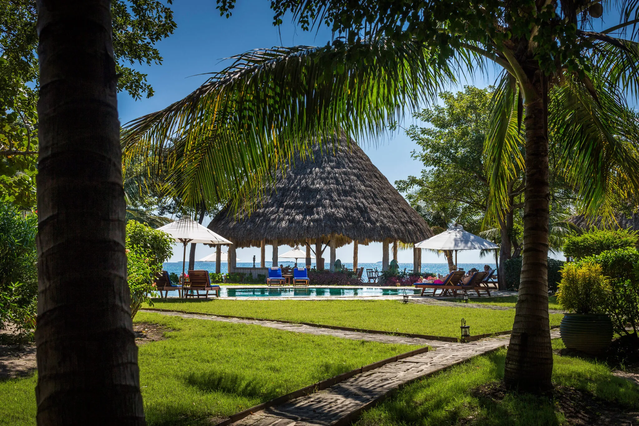 A pool and lounge area with a thatched roof gazebo