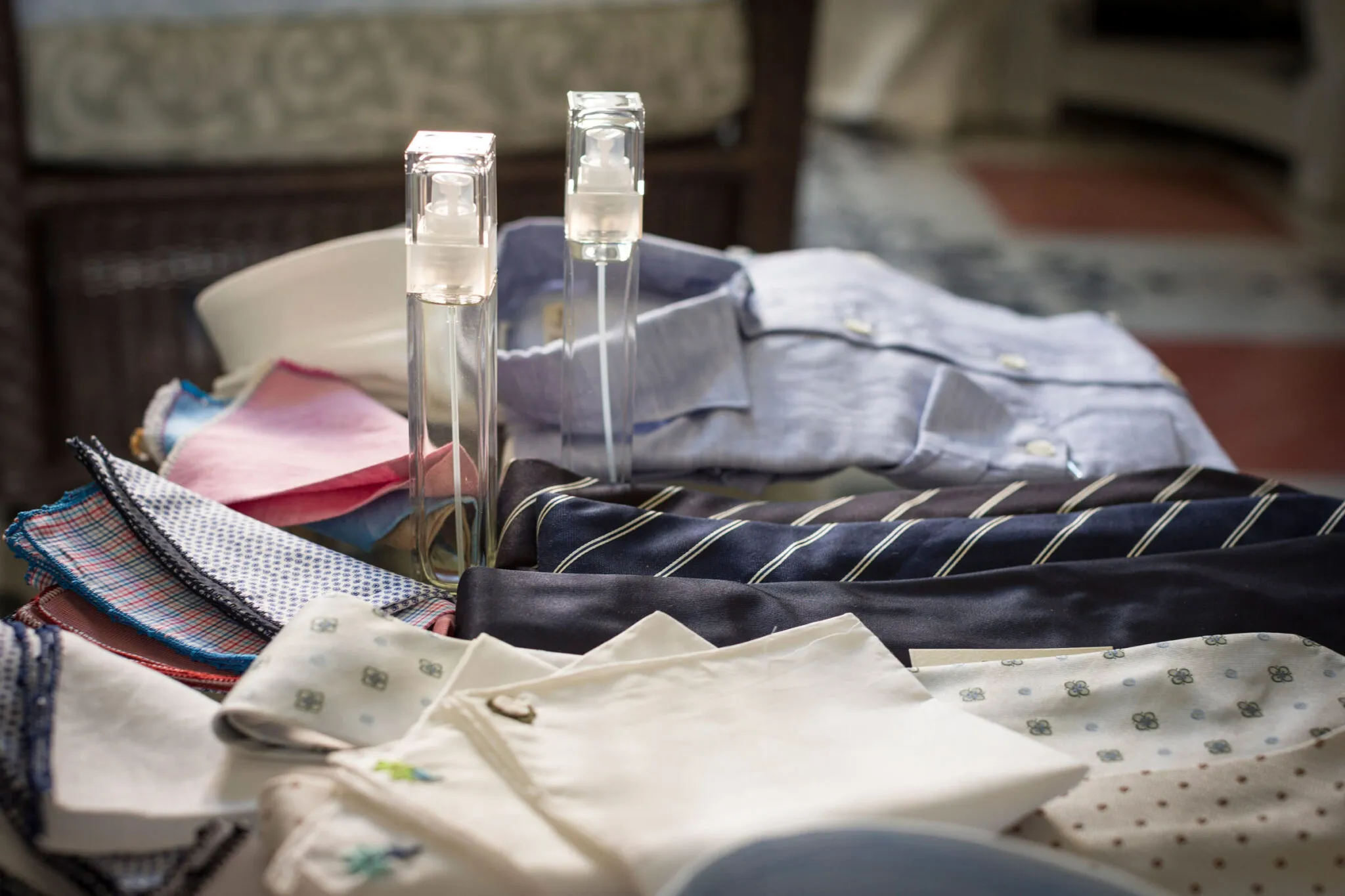 ties and handkerchiefs on a table