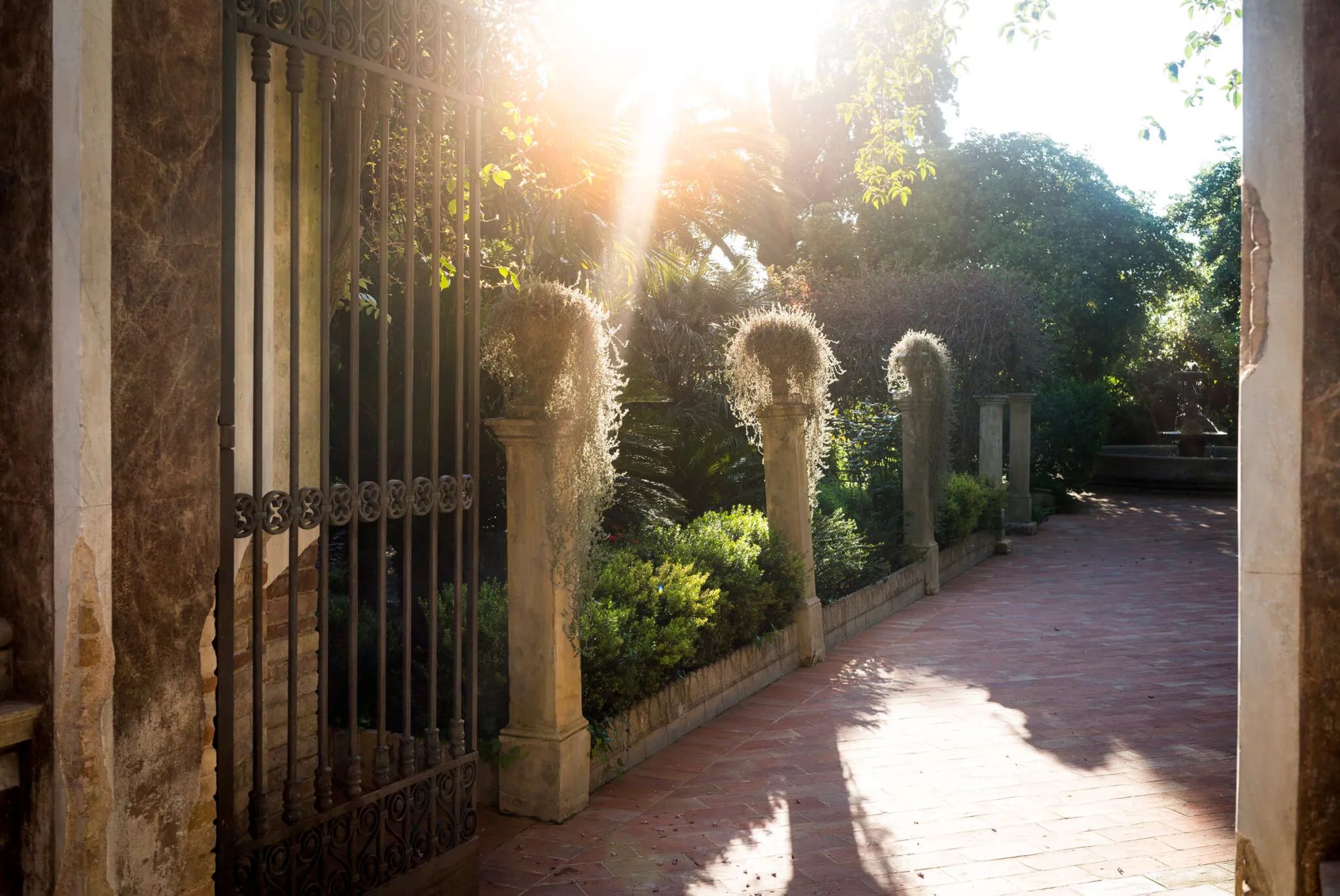 Brick walkway leading to fountain