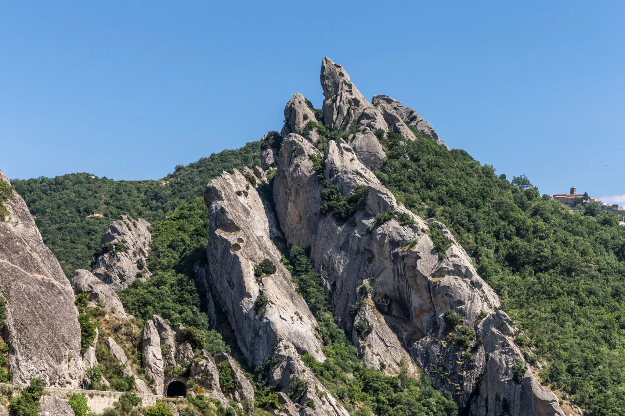 Rock formations rising from the trees