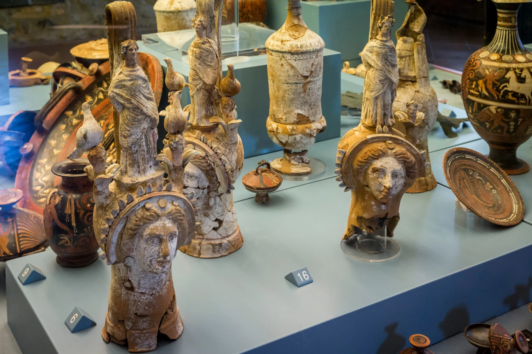 Clay and pottery artifacts in a museum