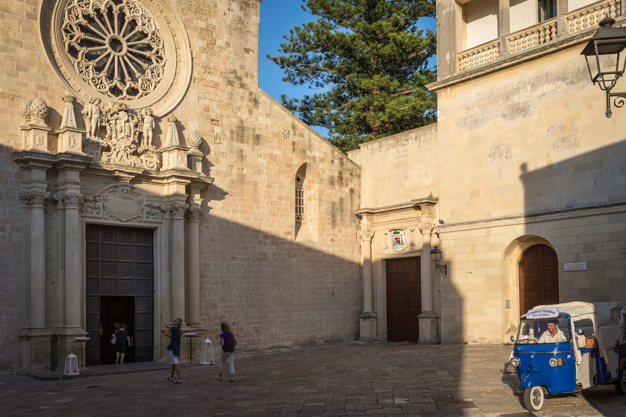 a building courtyard with a motorbike