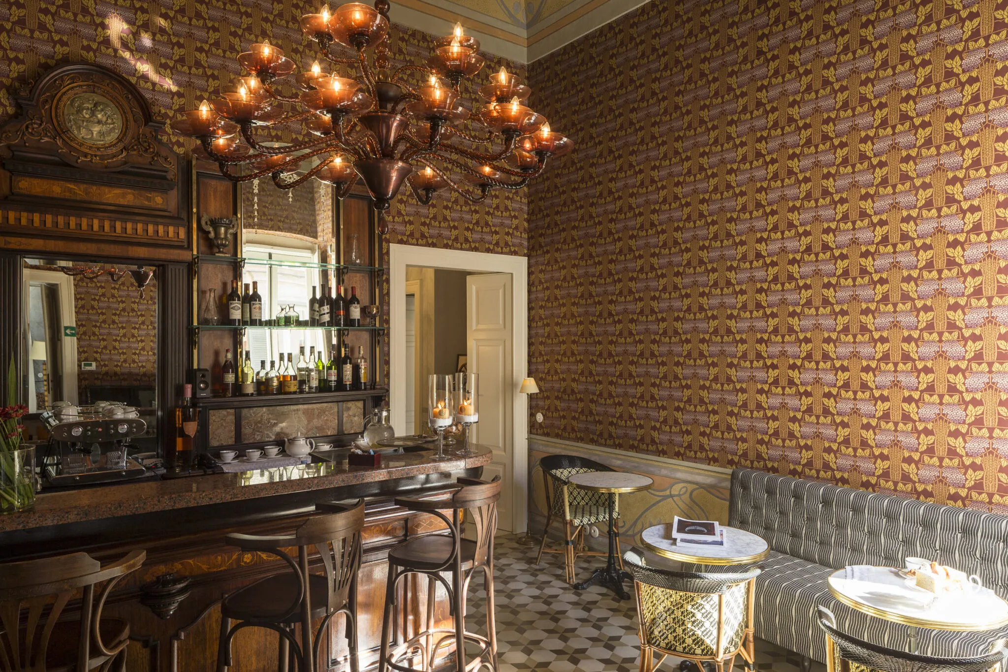 Ornate wooden bar and dining tables