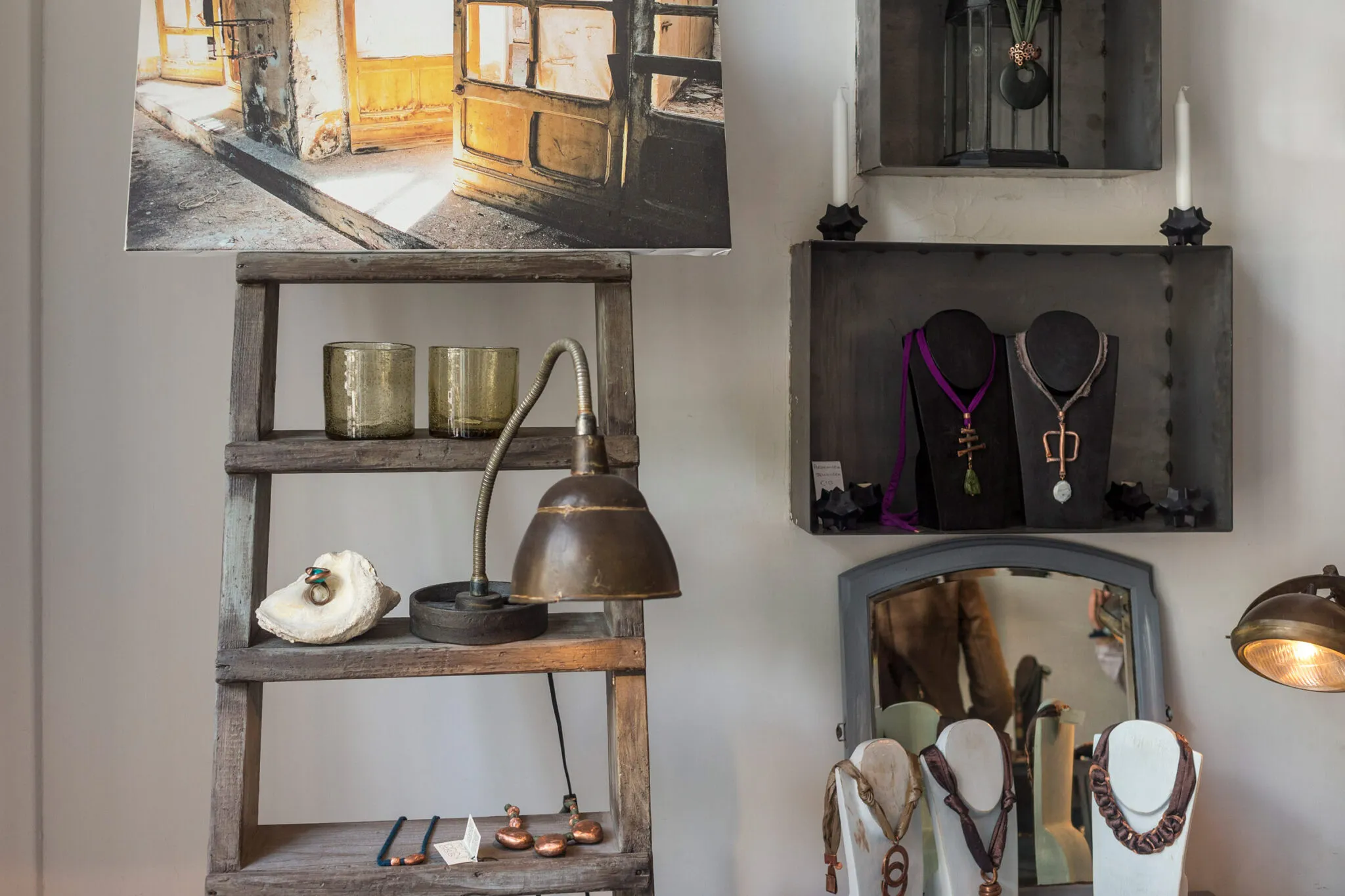 artisan jewelry on display in a shop