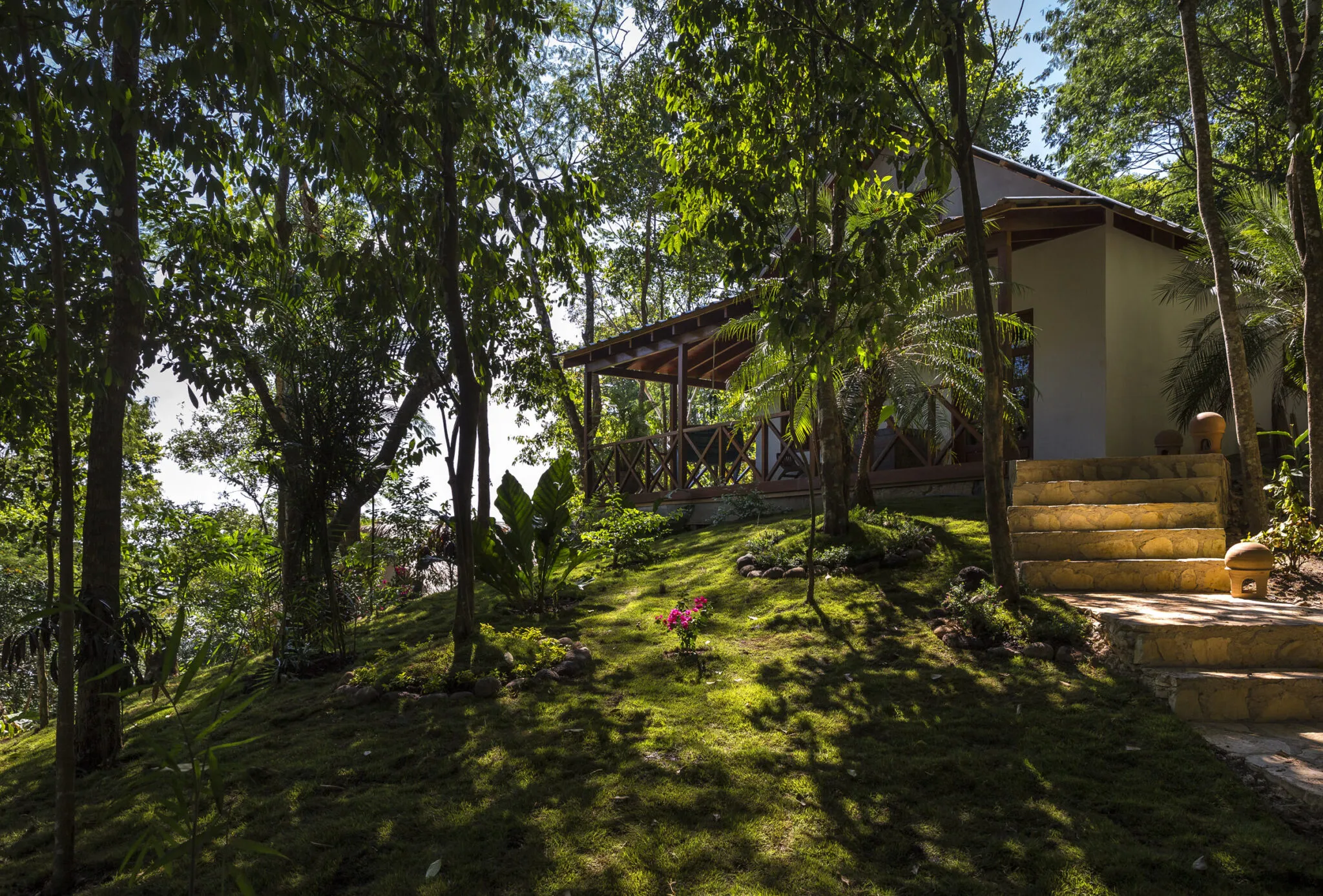 An outdoor view of the Rainforest Junior Suite through the trees of La Lancha.