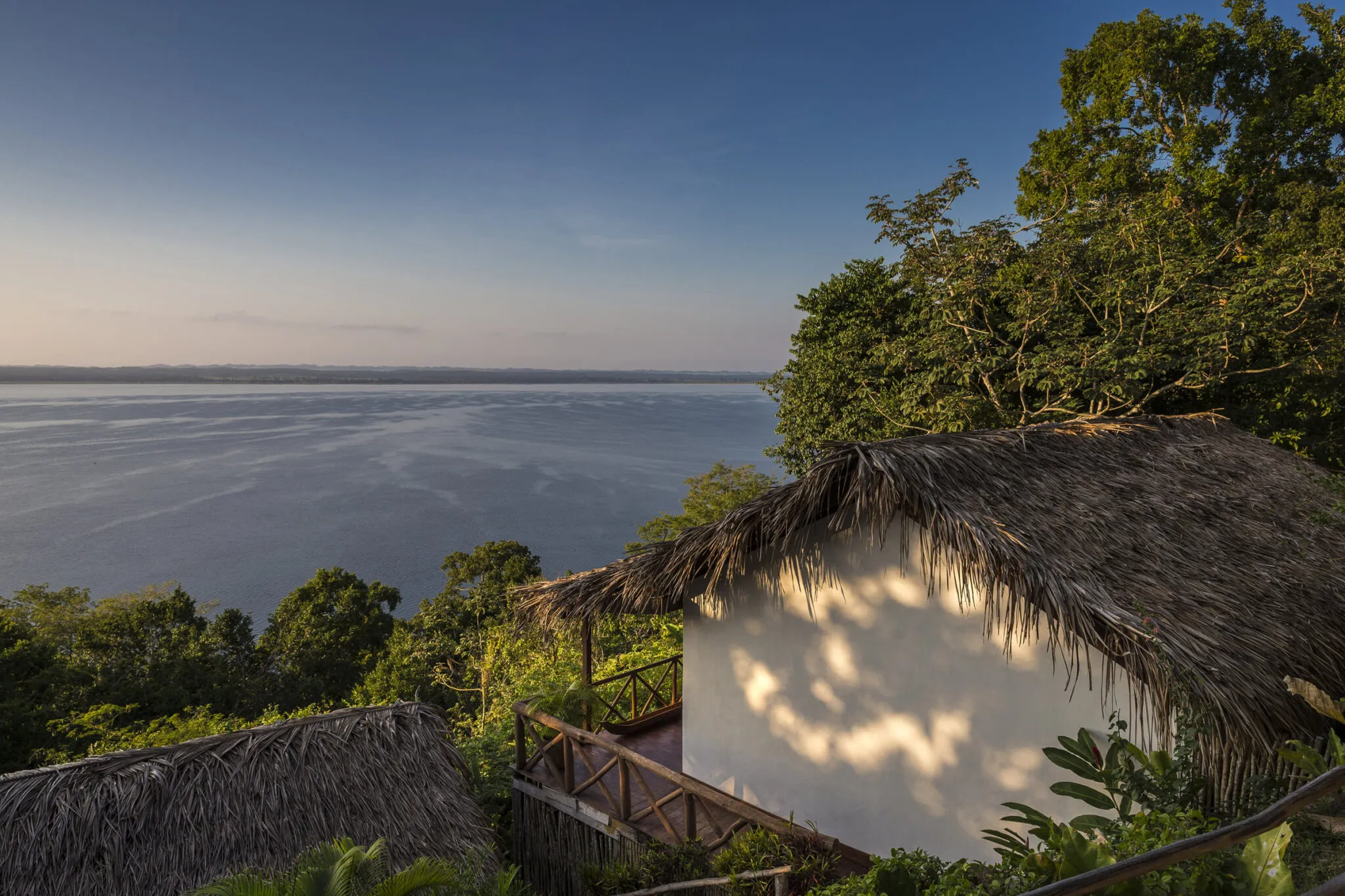 An aerial view of the outdoors of the Lakeview Suite, with a view of the water.