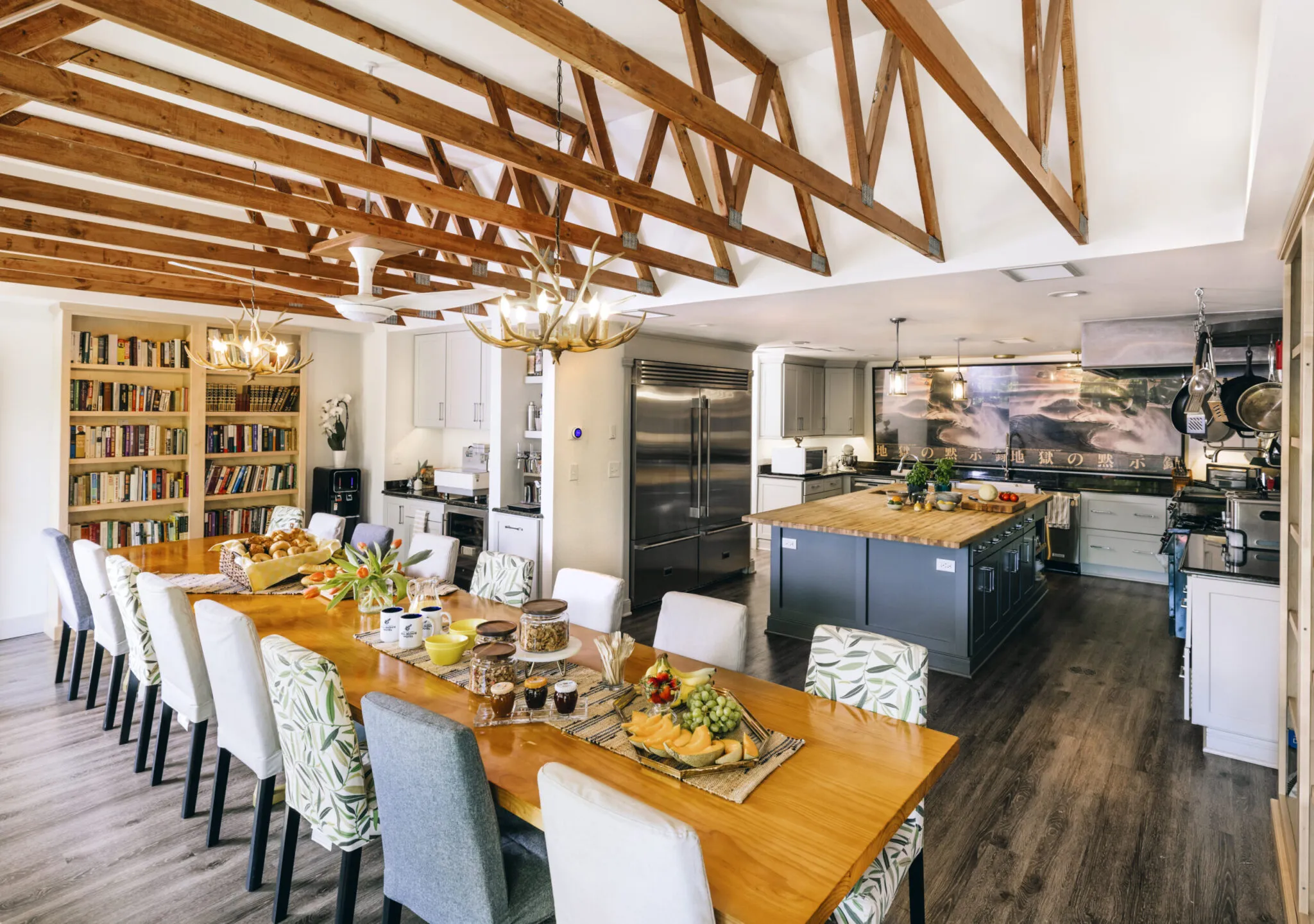 A dine-in kitchen with a large table