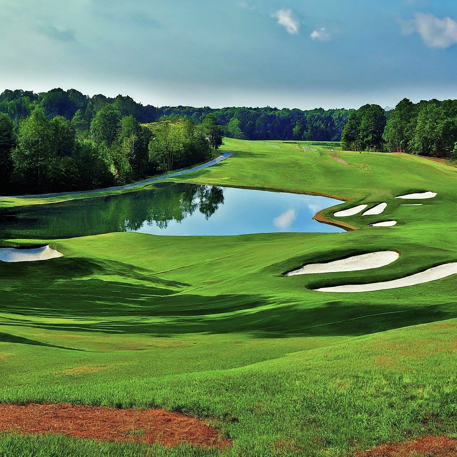 A lush green golf course with a small pond and sand traps.